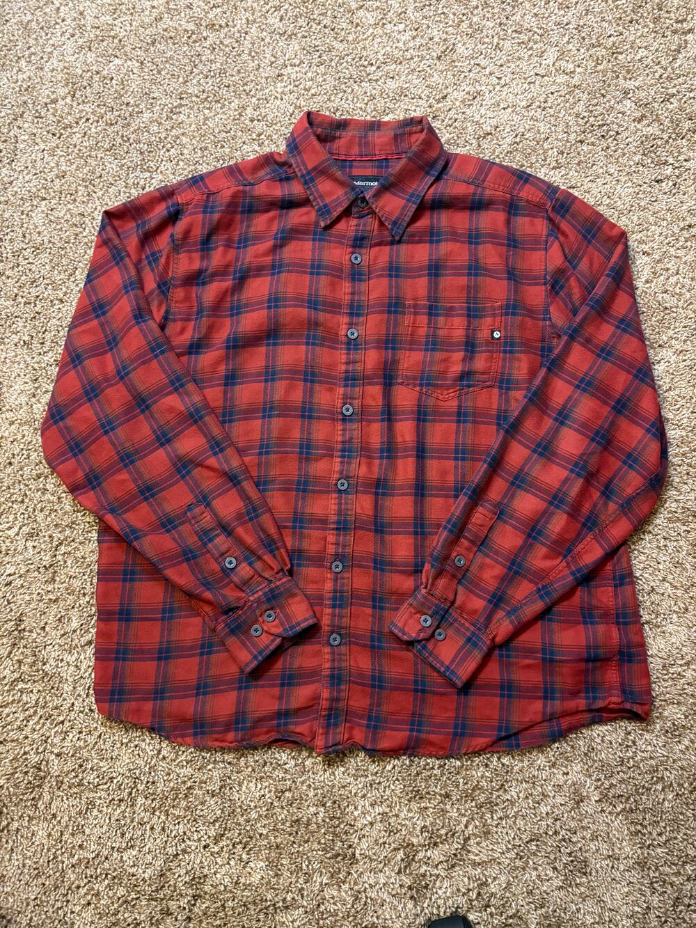 Marmot Plaid Flannel Button Down Mens Size XL Red Blue